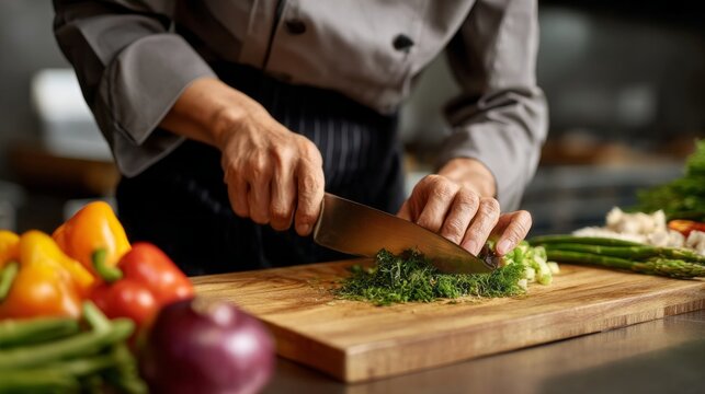 In a bustling kitchen, a skilled chef expertly chops fresh herbs on a wooden cutting board surrounded by a colorful array of vegetables. The atmosphere is lively as lunch service begins