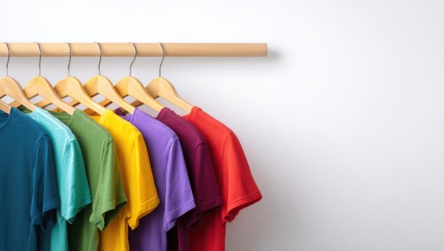 Vibrant Tees on Display: A row of colorful t-shirts hangs neatly on wooden hangers, creating a cheerful display against a bright background, perfect for a fashion or apparel themed concept.
