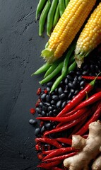 Vibrant arrangement of fresh corn, green beans, black beans, red chili peppers, and ginger root on a dark textured surface.