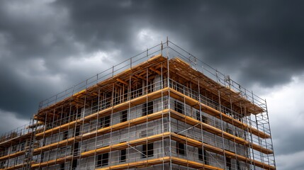 A multi story building under construction enveloped by dramatic stormy clouds