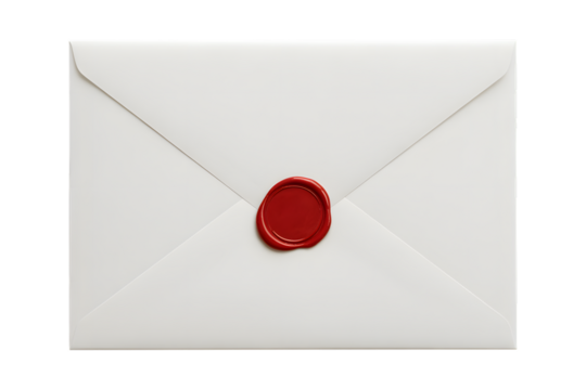 White envelope with red wax seal isolated on transparent background