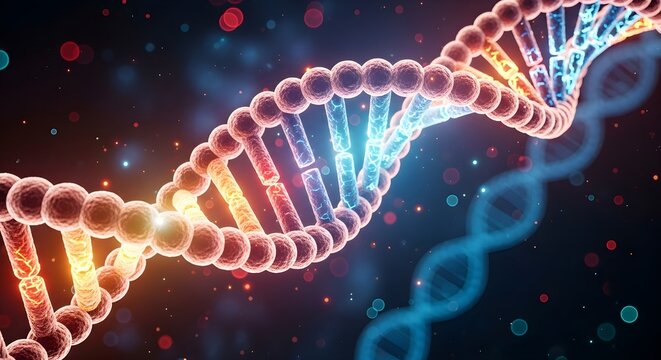 A vibrant, detailed rendering of a DNA double helix structure with a warm orange and blue color scheme against a dark, speckled background.