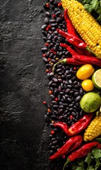 Vibrant still life of black beans, red chili peppers, corn on the cob, limes, and cilantro arranged on a dark background, creating a colorful and textural composition