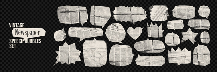 Vintage newspaper speech bubble set with old crumpled texture. Retro comic torn paper cutouts collage design. Grunge craft elements for posters, typography layouts.