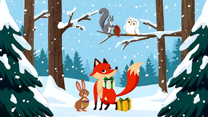 Festive forest animals gather around a Christmas tree with gifts, tea, and joy in snowy winter forest.