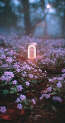 Glowing archway in a mystical, purple-flowered forest at twilight, ethereal light illuminating the scene, creating a dreamlike atmosphere