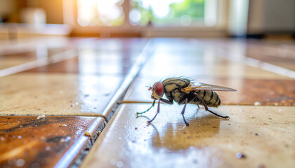 Housefly Resting on Dirty Kitchen Counter Surface