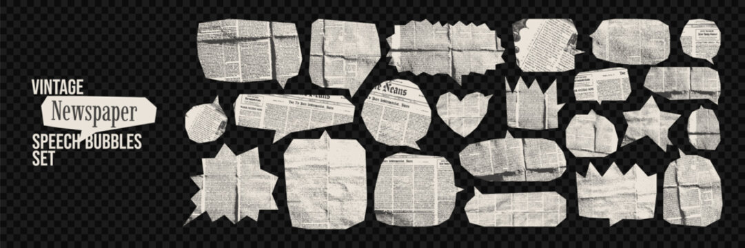 Vintage newspaper speech bubble set with old crumpled texture. Retro comic torn paper cutouts collage design. Grunge craft elements for posters, typography layouts.