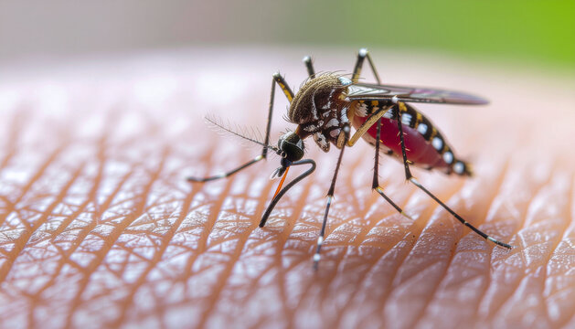 Mosquito Biting Human Skin, Blood Sucking Process