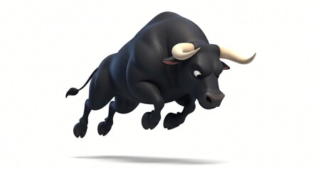 A dynamic stylized cartoon bull with powerful muscles and curved horns leaps against a white background