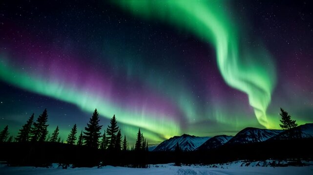 A spectacular night view of the Aurora Borealis (Northern Lights). Bright green and purple/magenta bands of light twinkle across the dark sky.