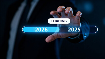 Hopeful businessman loading new year financial shield for christmas future goals with progress and modern countdown