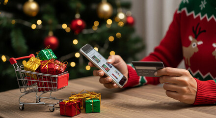Person financial shield for christmas online shopping using credit card to buy gift from home