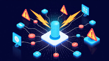 A central server tower is surrounded by interconnected security and error icons, depicting a data protection or cybersecurity concept, potentially showing an attack or monitoring system.