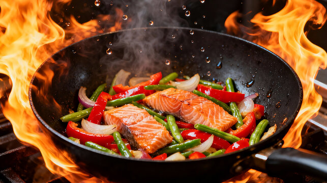 Aesthetic Close-up Stir Fry Salmon Vegetables High Flame Wok Steam - Powered by Adobe