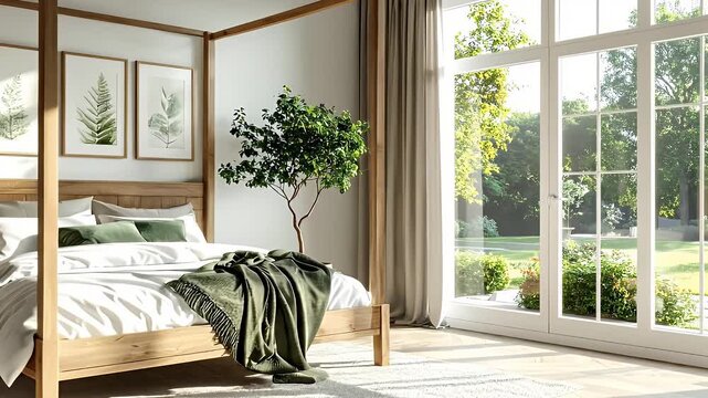 Sunlit Bedroom with Four Poster Bed and Garden View