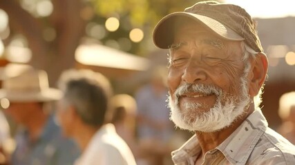 Smiling senior man with a white beard and cap, exuding genuine warmth and happiness during a sunlit outdoor gathering, reflecting a life filled with joy and contentment
