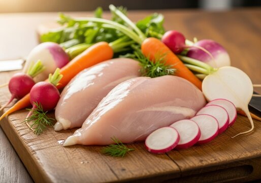 Meat and fresh vegetables. Raw chicken breast and fresh carrots and radishes on a wooden board
