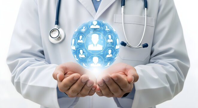 Doctor in white coat holding a glowing orb with silhouette icons representing patients or a network of healthcare professionals. - Powered by Adobe