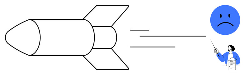 Rocket flying toward a sad face with motion lines as a scientist in a lab coat observes. Ideal for innovation, risk, science, failure, caution, consequences, and problem-solving concepts. Simple flat
