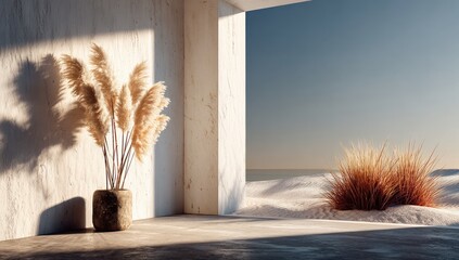 Minimalist interior scene featuring pampas grass in a stone vase, set against a sunlit backdrop of a sandy landscape viewed through a minimalist opening in a light-colored wall.