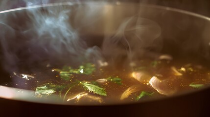 Fragrant beef broth simmers warmly evoking cozy comfort and delicious culinary appeal for stock photography