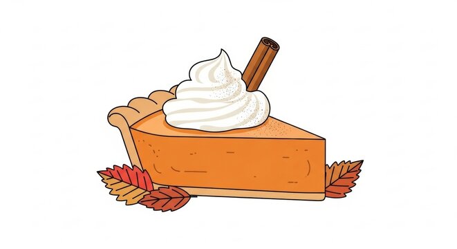 A delicious slice of pumpkin pie topped with whipped cream and a cinnamon stick surrounded by colorful autumn leaves