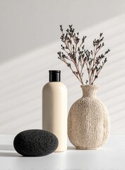 Minimalist still life featuring a cream-colored bottle, a textured beige vase with dried flowers, and a dark grey bath sponge, bathed in sunlight against a white backdrop