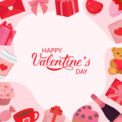 Cute red squared Valentine's dau card with love romantic elements cake sweets presents champagne