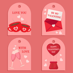 Cute pink gift tags Valentine's day with love red elements hart hot air balloon champagne glasses