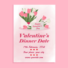 Happy valentine's day dinner date invitation elegant pink spring tulips in envelope romantic vibe