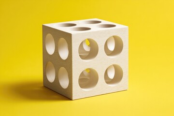 Off-white cubic form with six evenly spaced circular cutouts on each face, casting a shadow on a yellow background.  The cube's texture appears smooth and slightly porous
