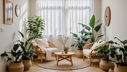 A beautifully styled eco home corner with indoor plants rattan furniture woven baskets and soft sunl