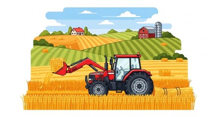 Red tractor with front loader working in a golden wheat field on a sunny day with rolling hills and farm buildings in the background