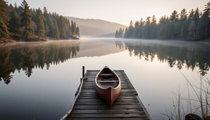 A peaceful lake scene with a wooden pier minimal canoe and untouched forest reflections under soft e