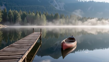 A peaceful lake scene with a wooden pier minimal canoe and untouched forest reflections under soft e