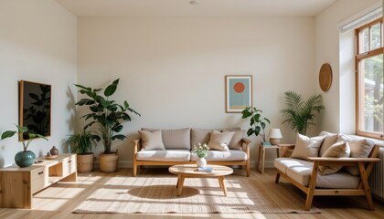 A minimal living room featuring indoor greenery earthy tones natural fabrics and recycled wood furni