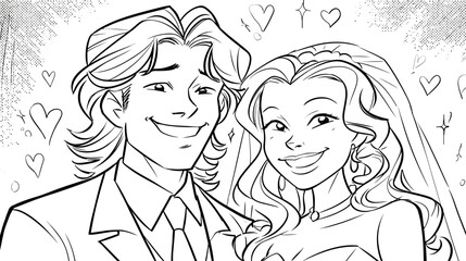 Joyful cartoon bride and groom illustration, smiling happy couple on their wedding day, black and white line art for coloring.