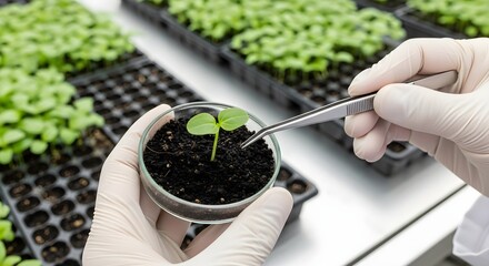 Scientist in gloves uses tweezers to examine a seedling growing in a petri dish, with trays of seedlings blurred in the background.