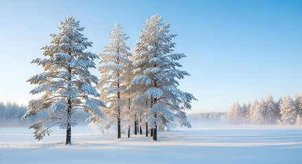 Snowy pine trees on a plain field with blue sky in winter time