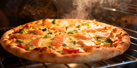 Warm Cozy Pizza Salmon Mixed Vegetables Baking Inside Oven