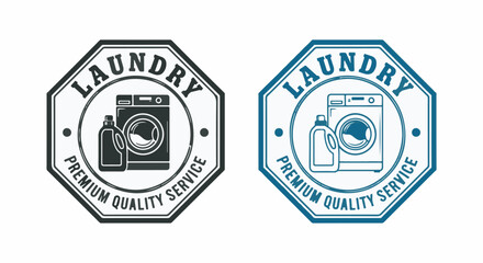 Vintage Laundry Premium Quality Service logo badge design with washing machine and detergent bottle vector.