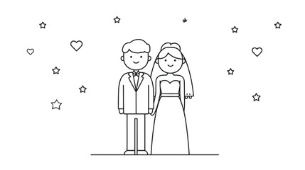 Minimalist outline illustration of a smiling cartoon bride and groom holding hands, perfect for wedding invitations and celebration designs.