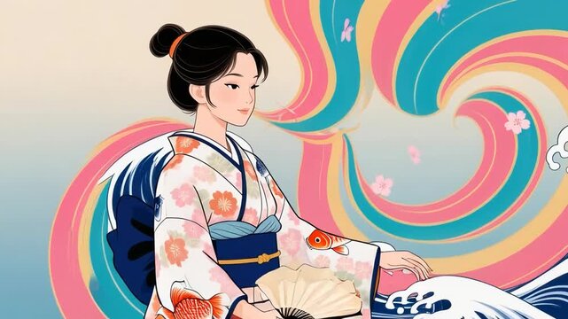 A girl dressed in a stunning kimono walks through colorful patterns inspired by Japan.
