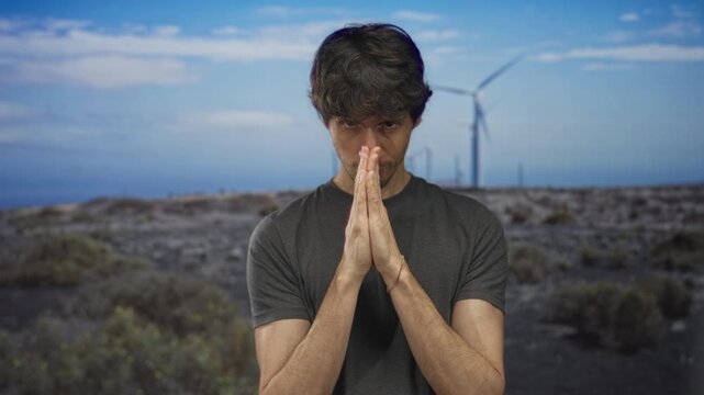 Man pressing hands together and looking down near a row of windmills in forest landscape; calm reflection.
