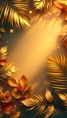 Golden tropical leaves background with warm light and floral details