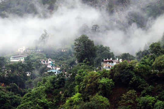 Day and night scenes of Karn Prayag, a town with tourist resorts enroute to Badrinath, famous Himalayan tourist centre in India.