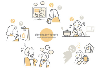 認知症を患うシニア女性のセット　シンプルでお洒落な線画イラスト　