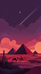 Stylized desert landscape at dusk, featuring three pyramids silhouetted against a vibrant, reddish-purple sky, a crescent moon, a shooting star, cacti, and camels
