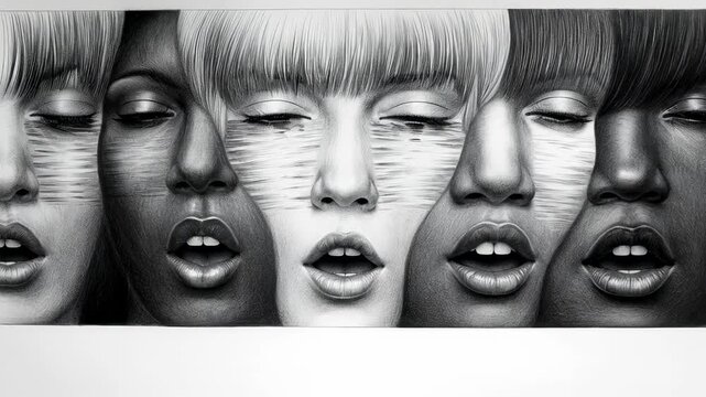 Art showcases different faces with unique emotions and shared beauty.
